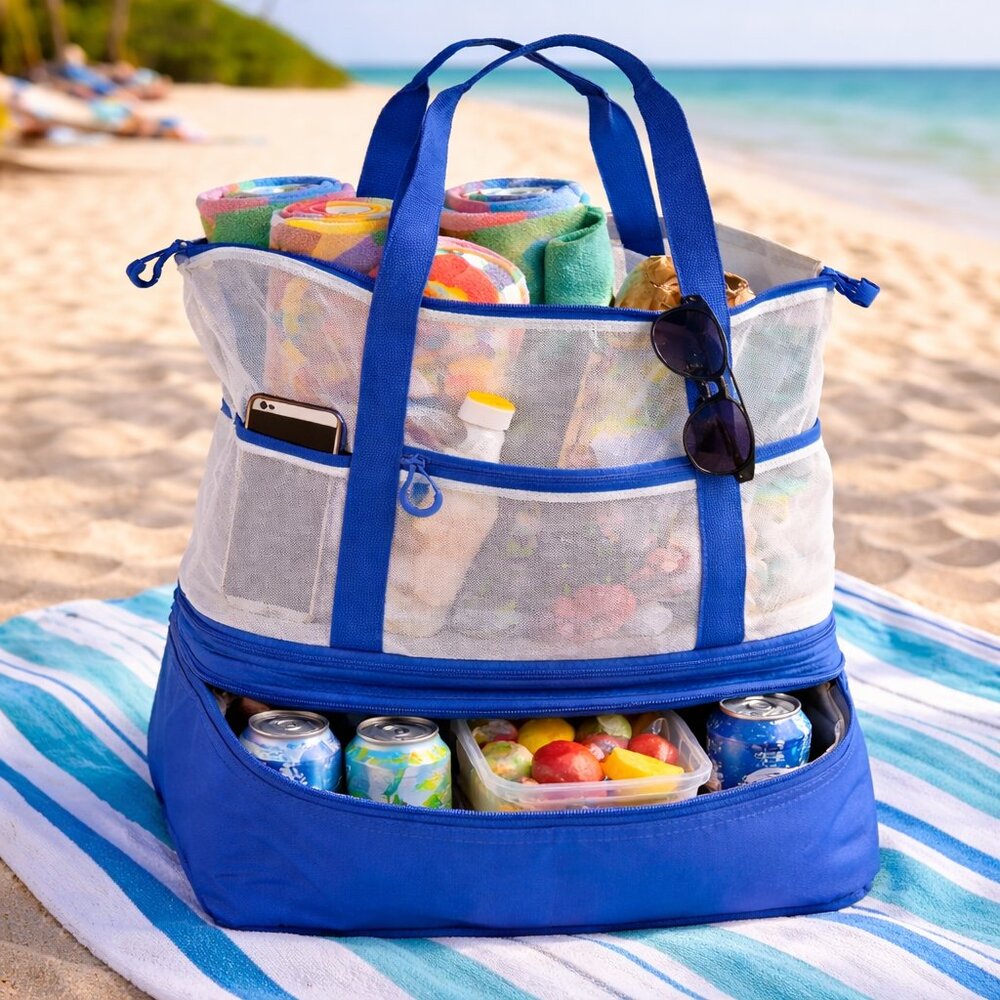 Blue Mesh Beach Tote Bag, Insulated Cooler Compartment, Large Capacity